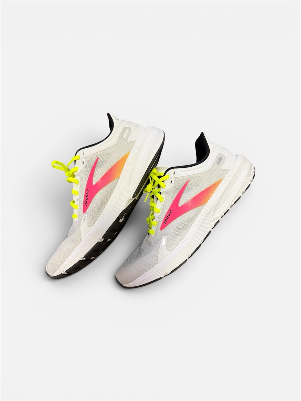 Brooks Women’s White Running Shoes with Pink and Neon Yellow Accents